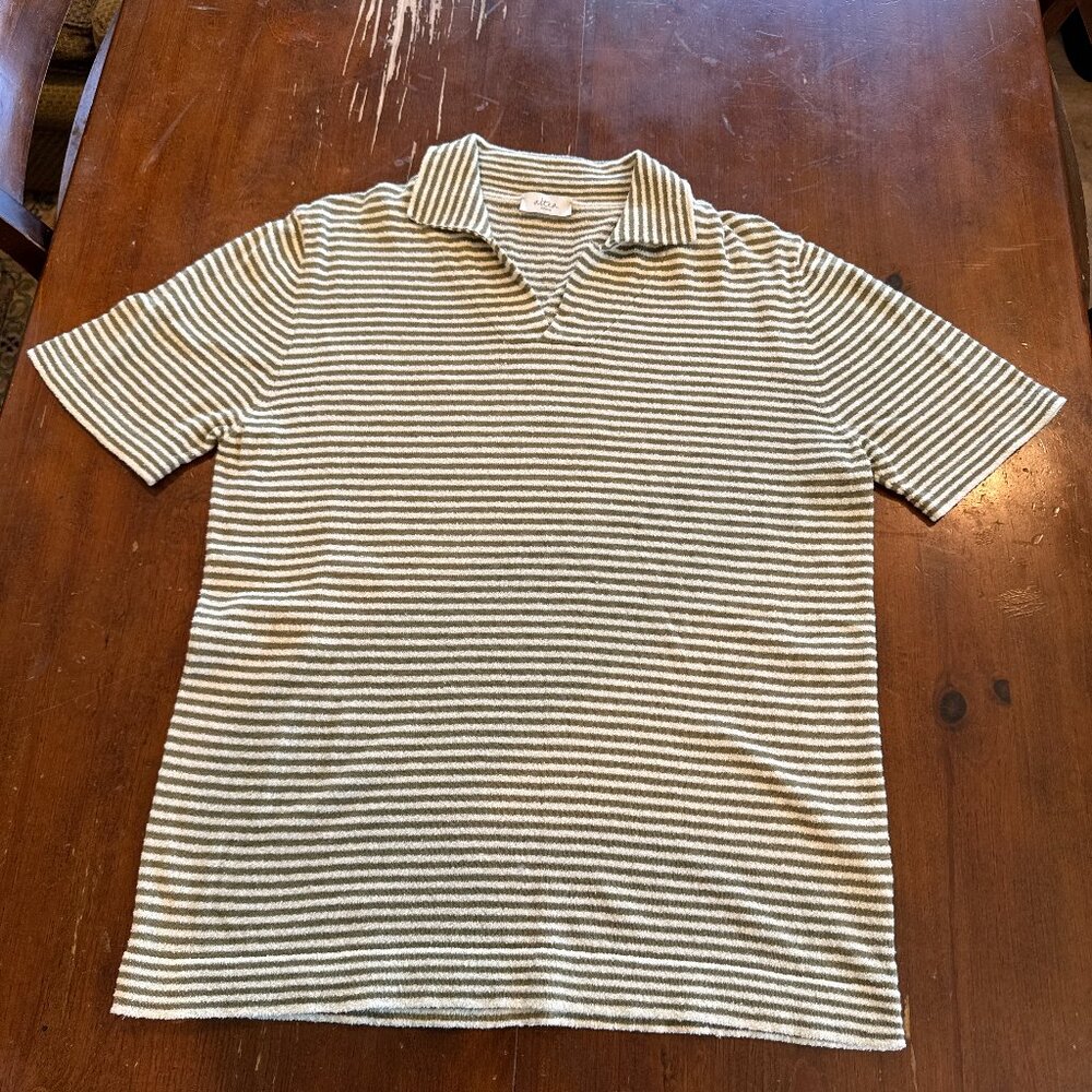 Altea Milano Striped Knit Polo Shirt Olive Cream Made in Italy